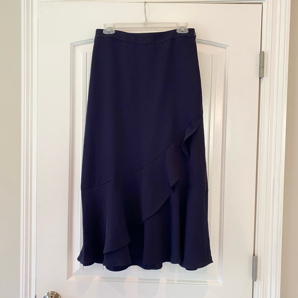 Express Blue Midi Wrap Skirt with Ruffled Asymmetrical Design